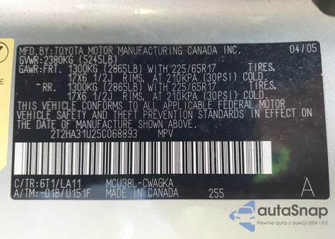 2005 Lexus Rx 330 z USA, uszkodzony, nr VIN 2T2HA31U25C068893